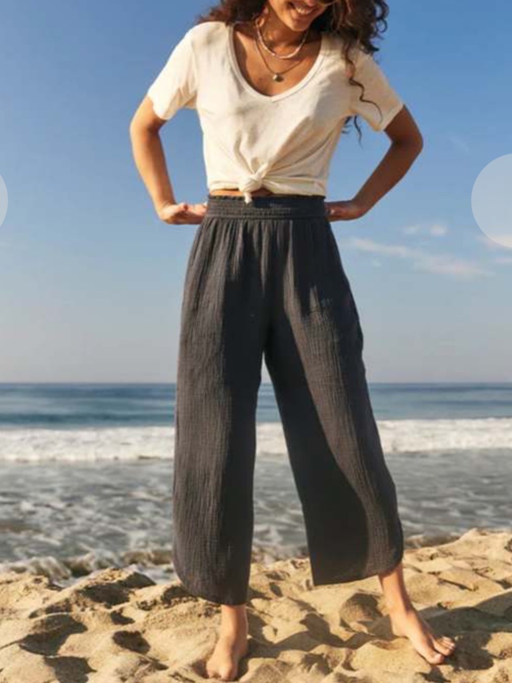 Marine Layer 100% Cotton Gauze Corinne Pull On Elastic Wide Leg Gray Pants Boho - Picture 2 of 10